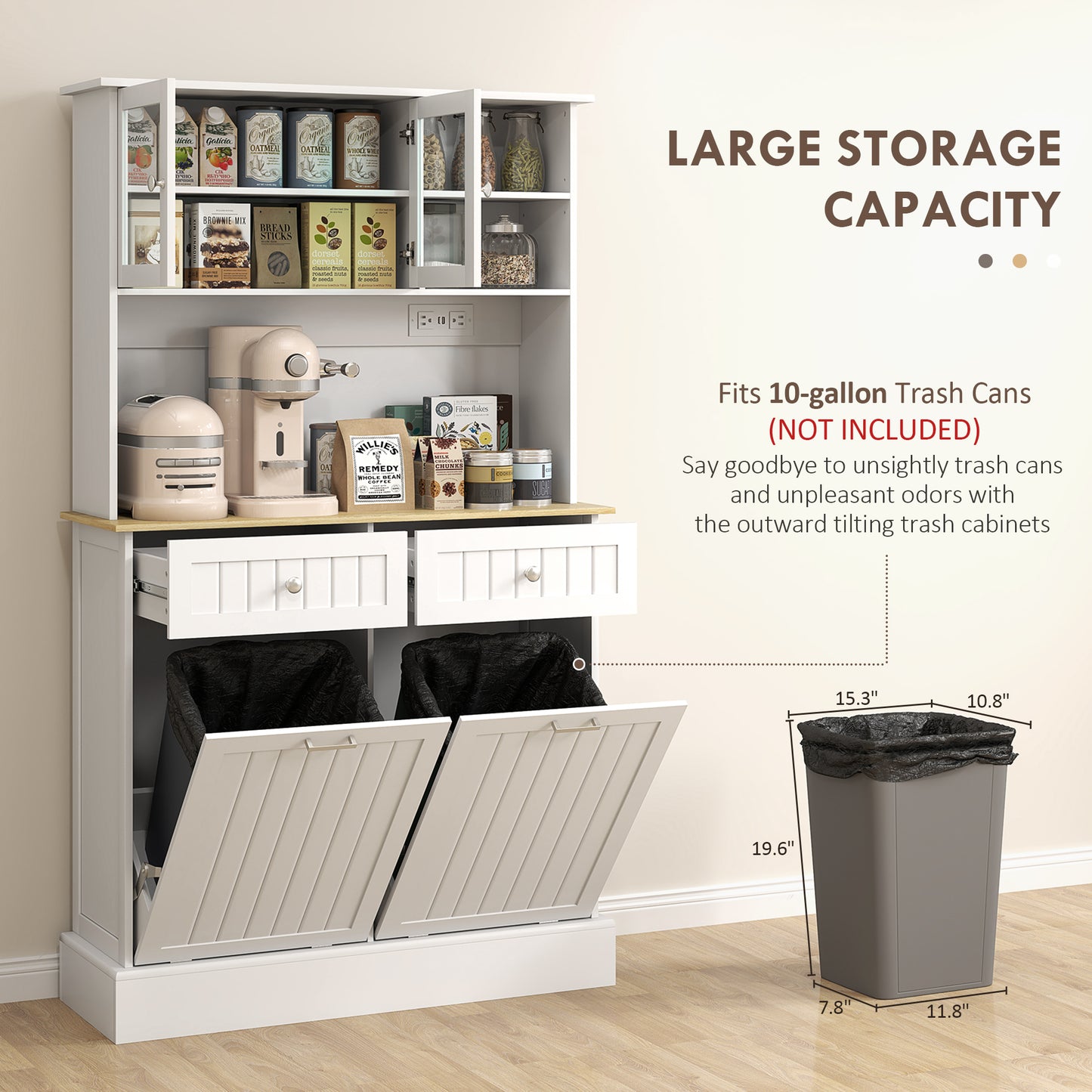 Kitchen Pantry Cabinet with Charging Station & Tilt-Out Cabinets