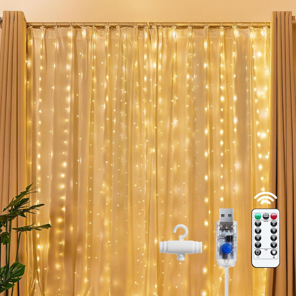 300 LED Warm White Curtain String Lights - USB Plug-In, 8 Modes