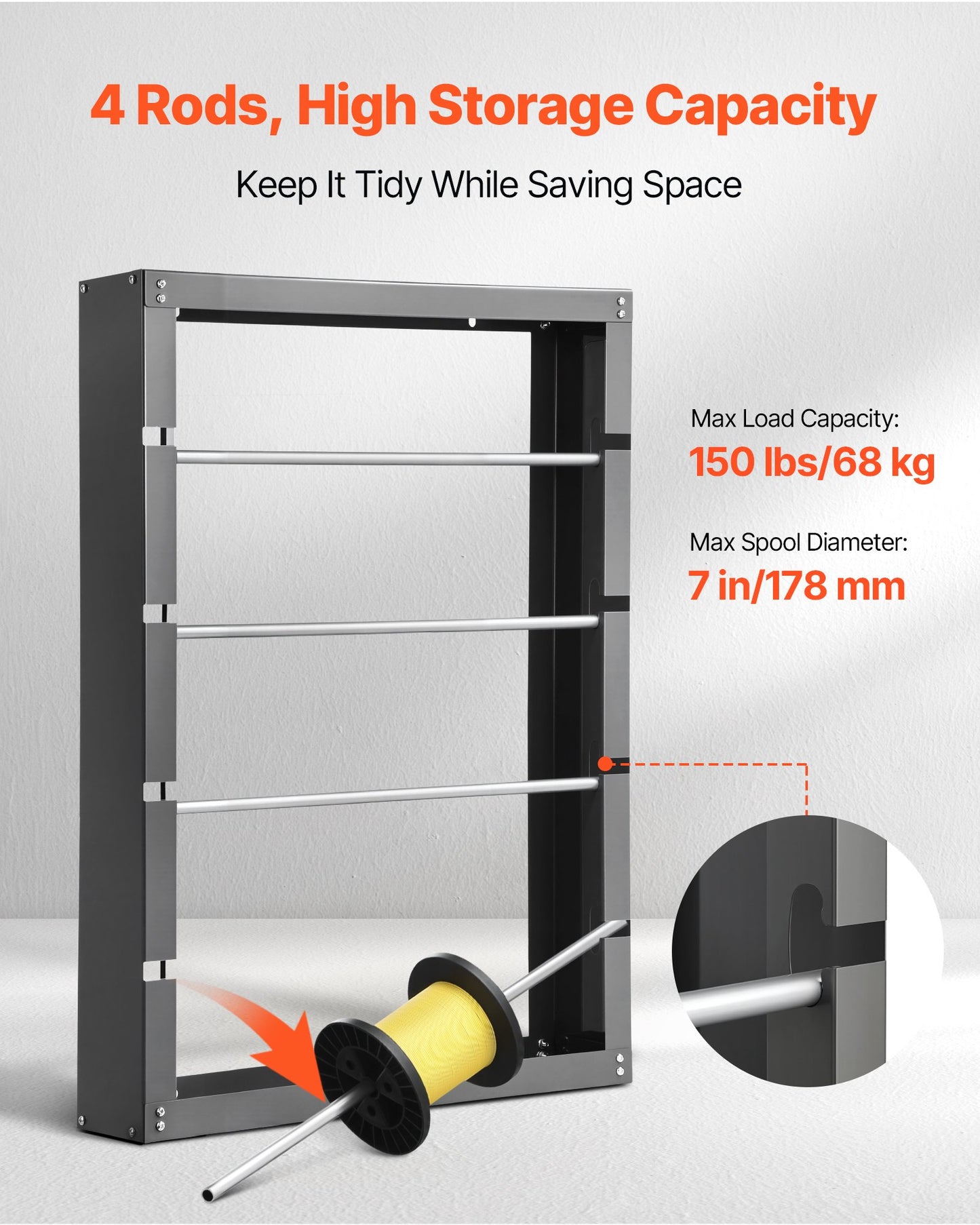 Wall Mounted Wire Spool Rack with 4 Adjustable Rods - Heavy-Duty Steel, 150 lbs Capacity, Grey