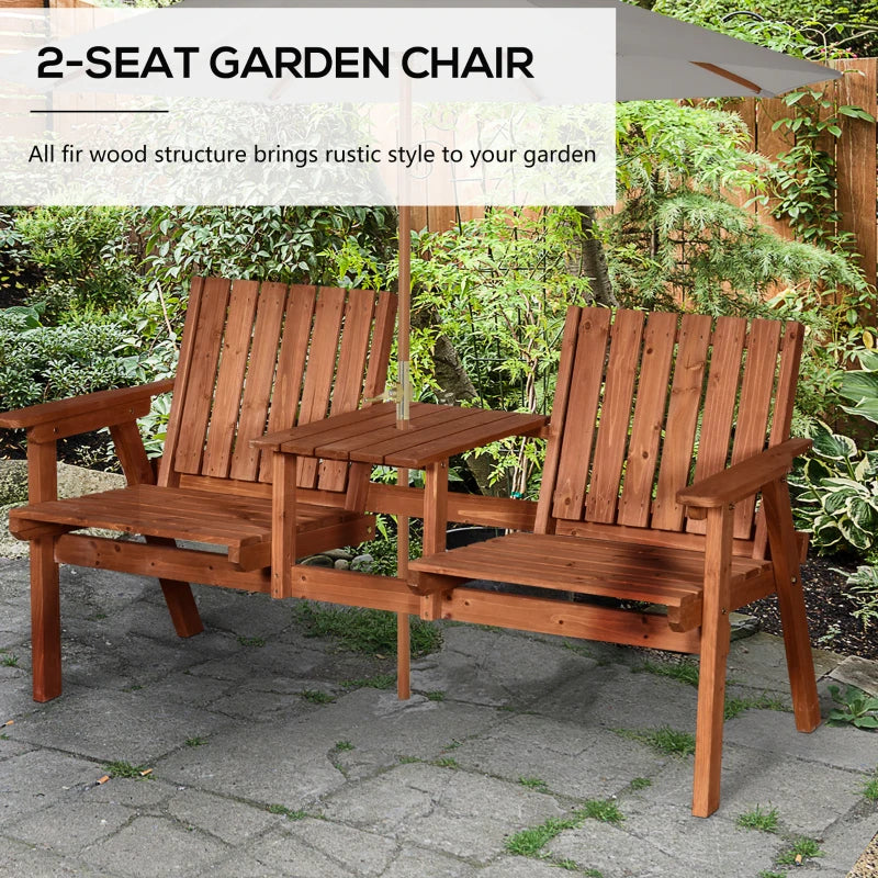 Wooden Patio Bench with Middle Table & Umbrella Hole - Orange