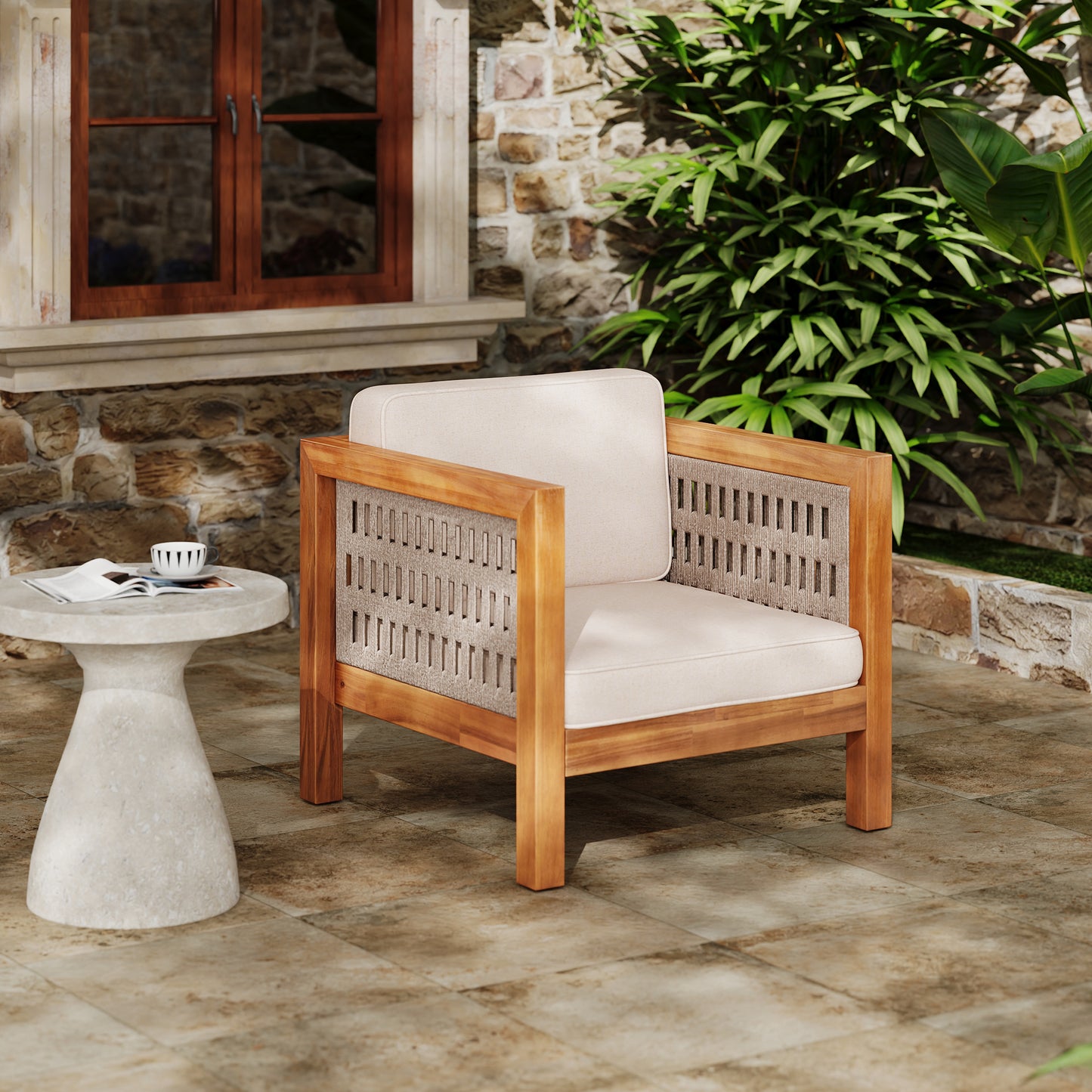 Acacia Wood Outdoor Club Chair with Beige Cushions & Rope Arms