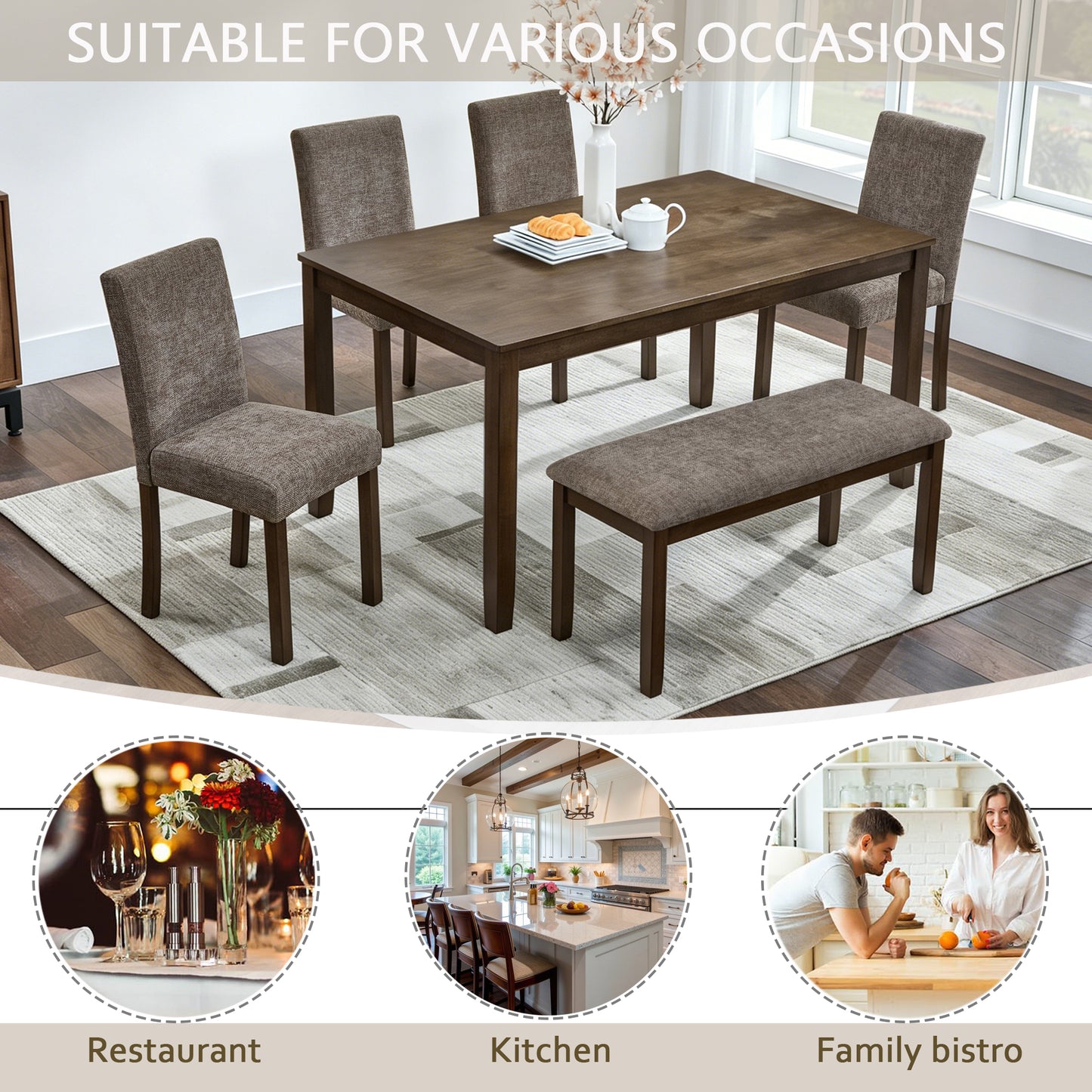 6-Person Wooden Dining Table Set with Bench - Walnut