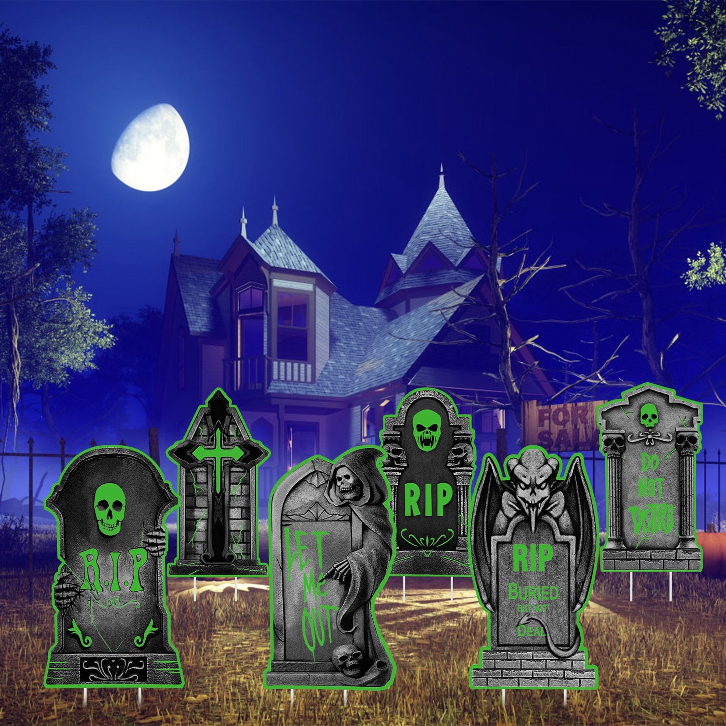 Glow In The Dark Halloween Yard Sign Set - 6 Pcs Skeleton & Cat