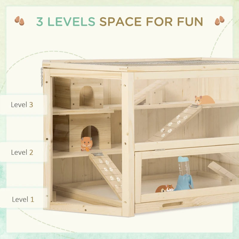 Large Wooden Hamster Cage with 3 Tiers, Activity Center & Water Bottle