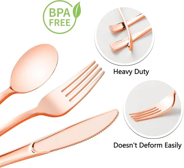 50 Pack Rose Gold Plastic Cutlery Set with Black Napkins - Wrapped