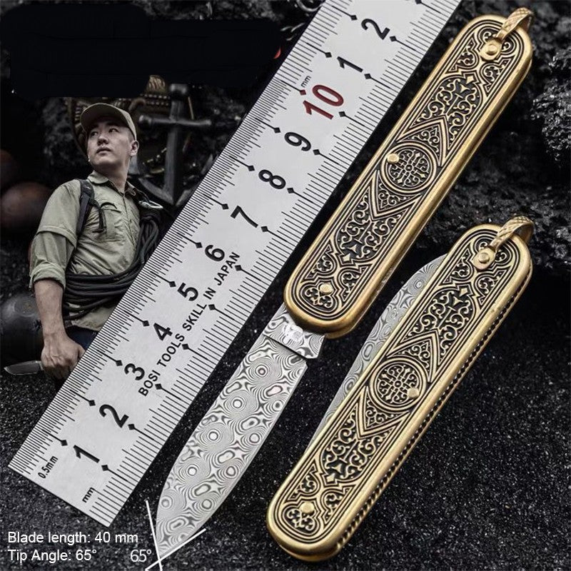 Mini Folding Damascus Steel Pocket Knife with Rose Pattern - Portable and Sharp