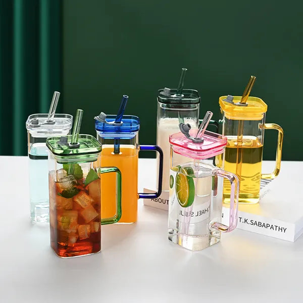 High Borosilicate Green Glass Straw Cup with Lid - 6 Colors