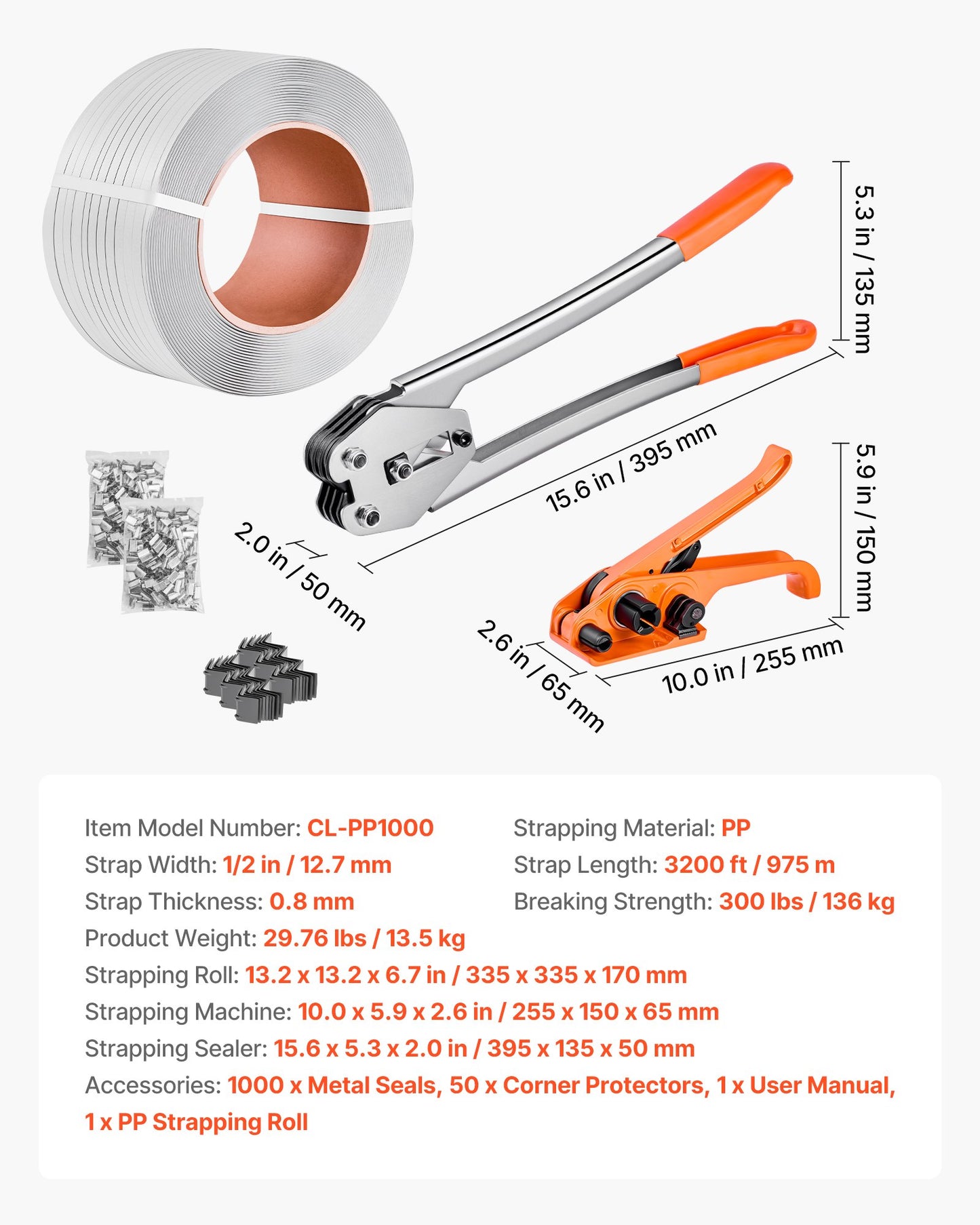 Heavy Duty Pallet Strapping Kit with Sealer and Metal Seals - 3200 ft PP Strapping for Warehouse Shipping