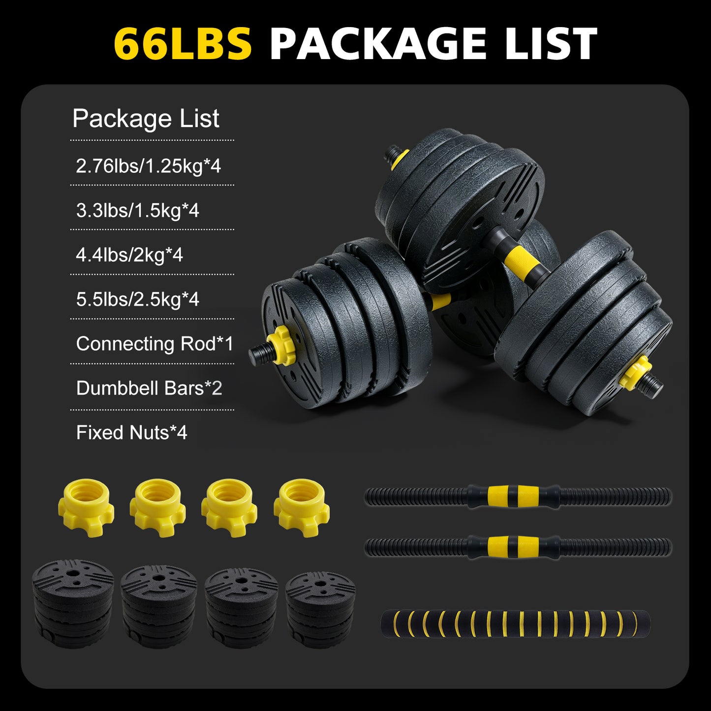 Adjustable Dumbbell Set - 66 lbs Free Weights for Home Gym