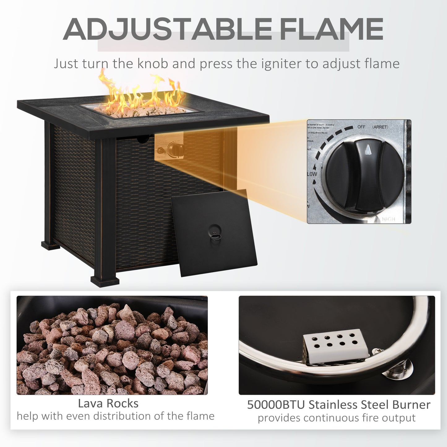 30 Inch Outdoor Propane Gas Fire Pit Table - 50,000 BTU, Black