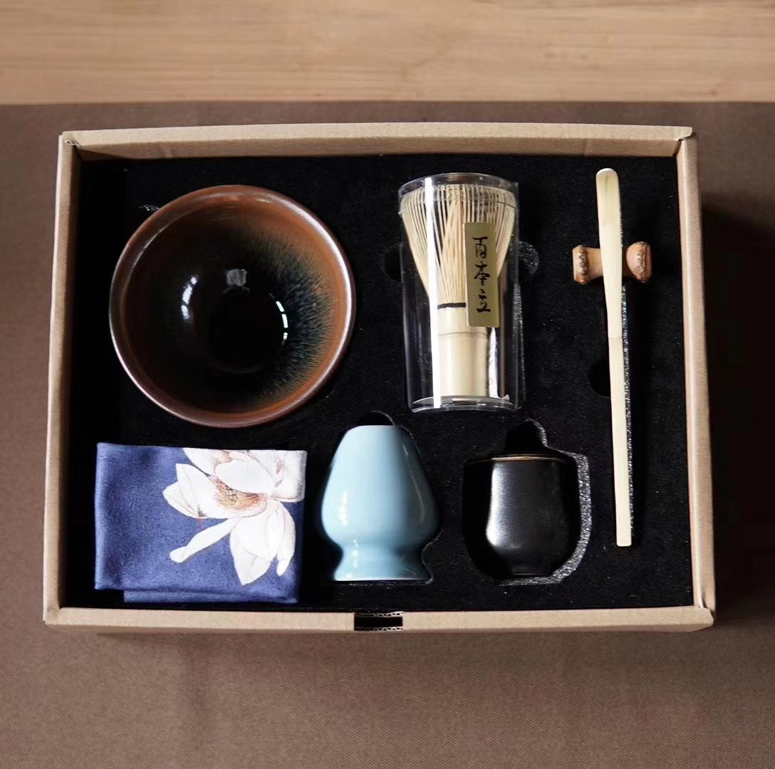Tea Set with Bamboo Tea Bowl Brush Powder Pot and Cloth Bag - Light Luxury Kitchenware