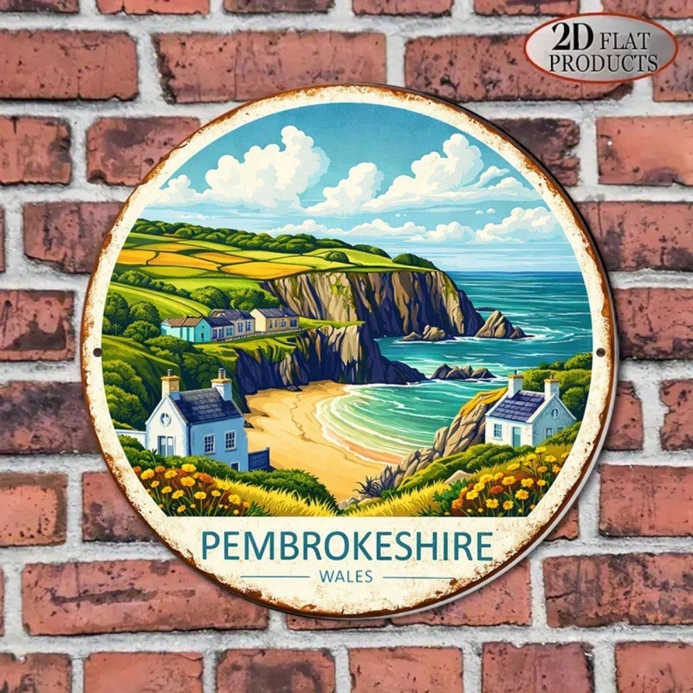 Vintage Cottage Landmark Round Wall Sign - Pembrokeshire Wales