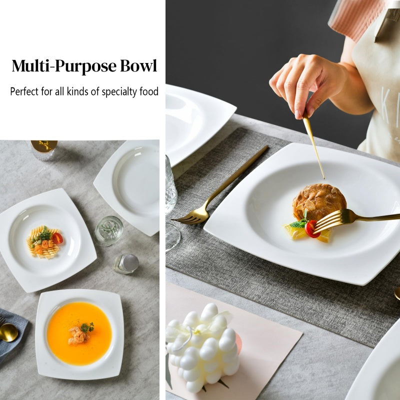 9.5-Inch Square Soup Plate Set - 6 Pieces of White Bone China