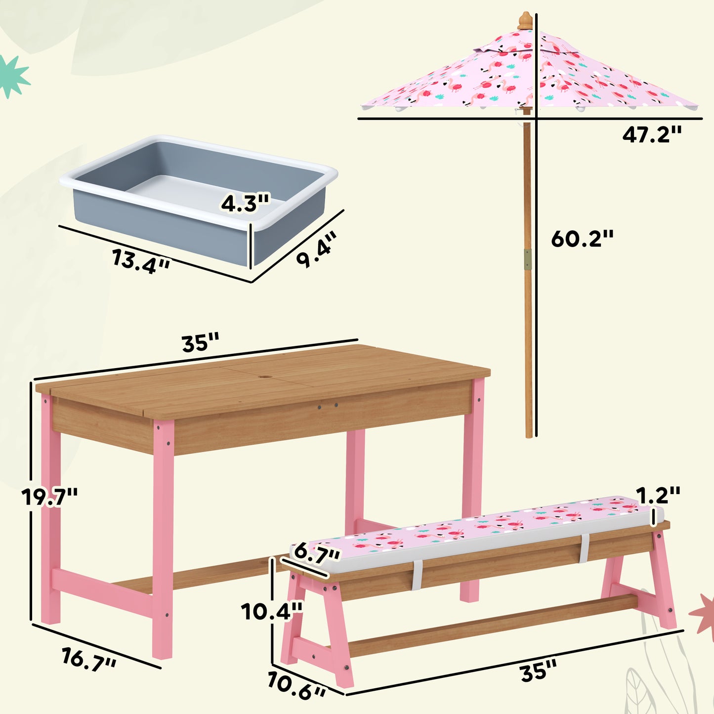 Kids Picnic Table Set with Umbrella & Removable Cushions - Pink Flamingo