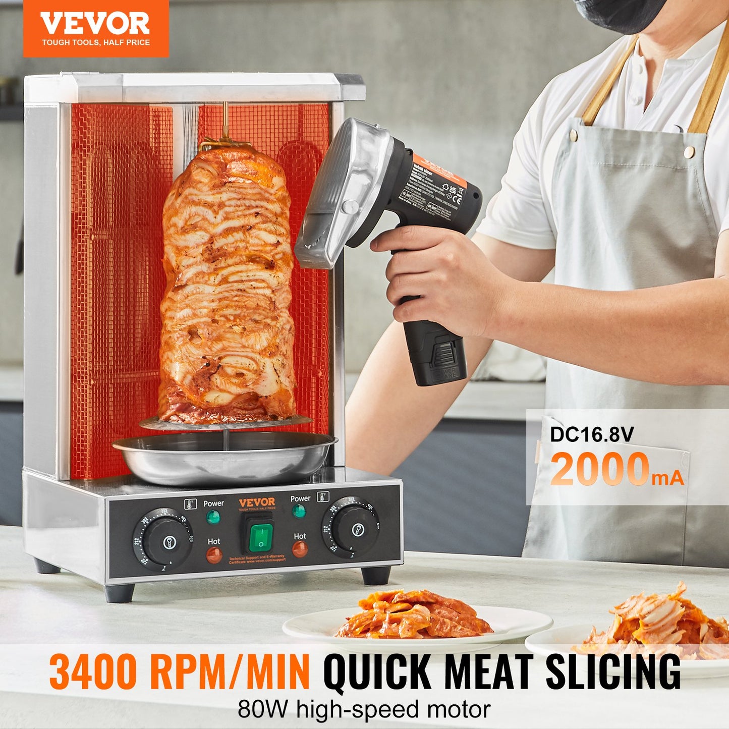 Electric Shawarma Knife 80W Cordless Kebab Meat Slicer with 2 Blades & Adjustable Thickness