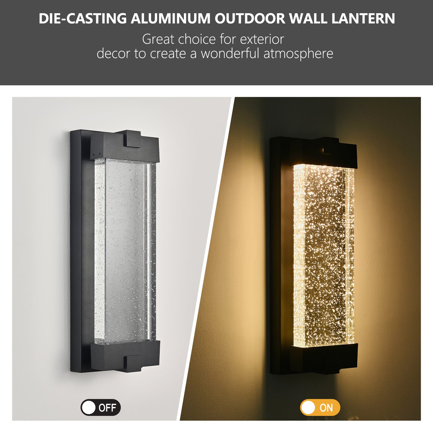 19-Inch Black Aluminum Outdoor Wall Light with Bubble Crystal Glass - Weatherproof Sconce with LED 3000K Warm Light