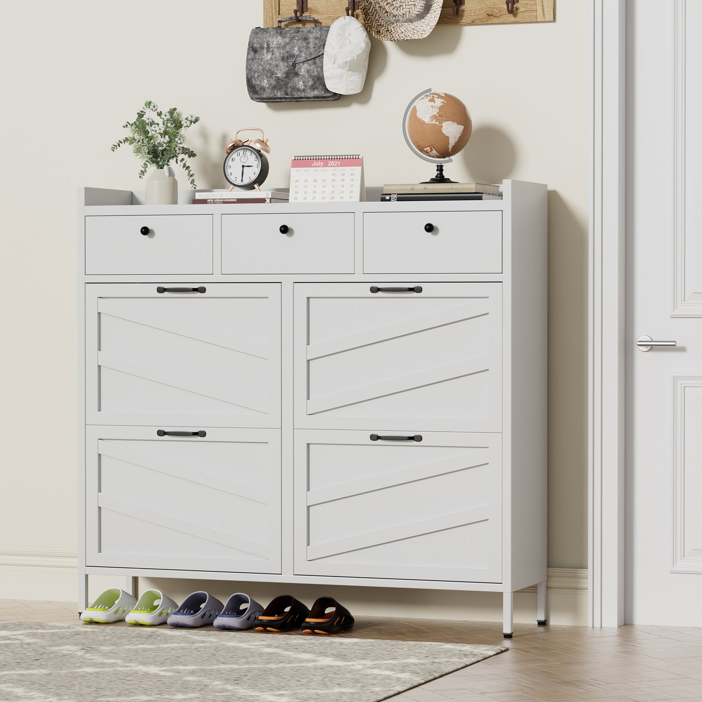 Metal Shoe Cabinet White - 4 Flip Drawers 3 Drawers, Slim 11.8 D