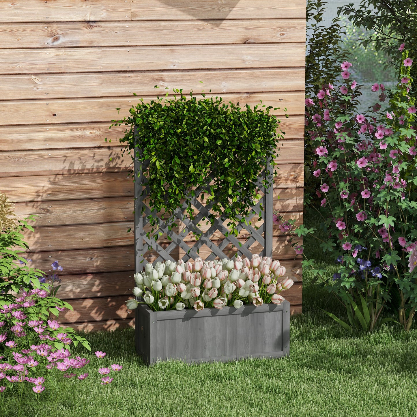 46-Inch Wooden Garden Planter with Trellis for Vegetables Herbs Flowers - Gray