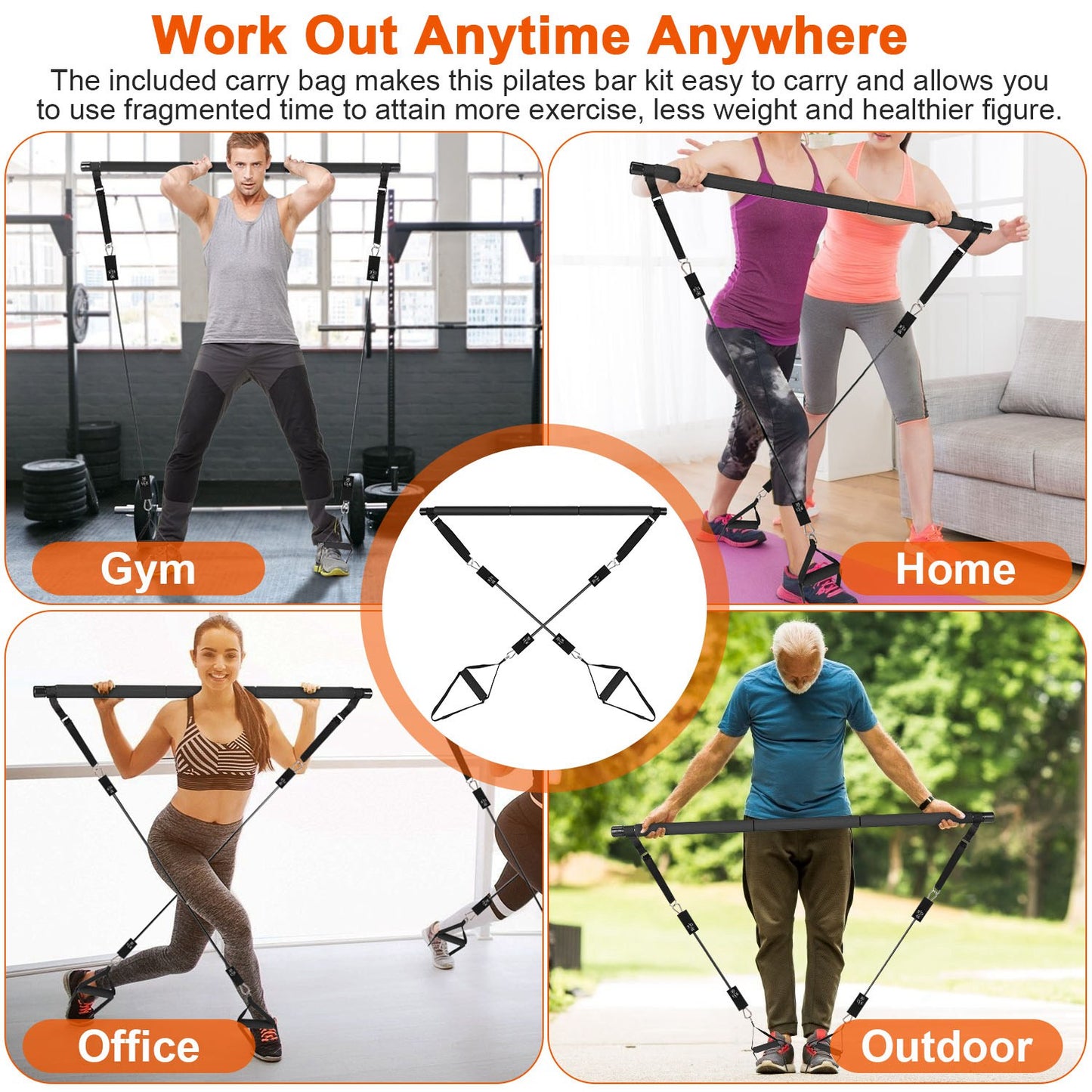 Multifunctional Pilates Bar Kit with Elastic Resistance Bands