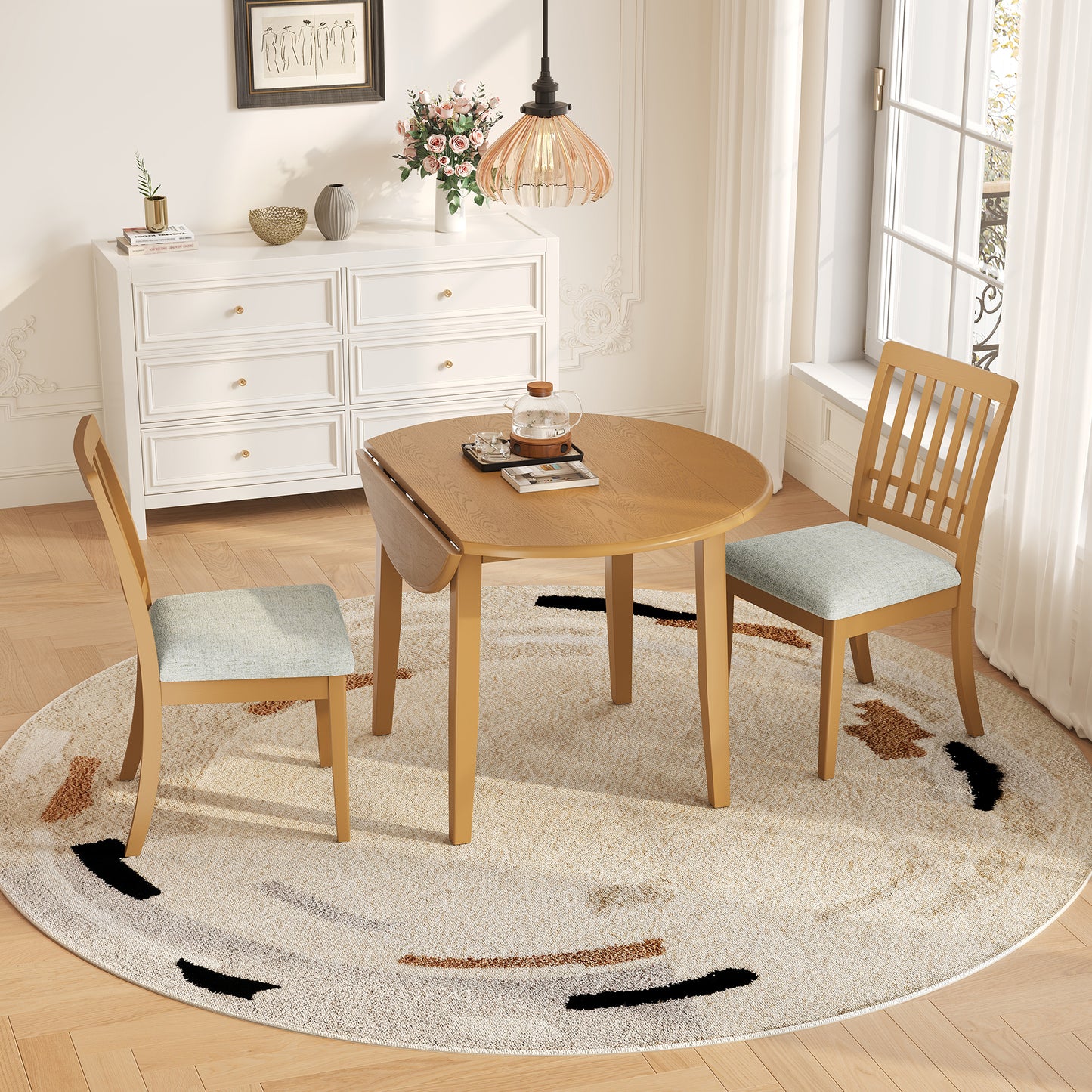 3-Piece Round Dining Table Set For 2 People, 1 Folding Wood