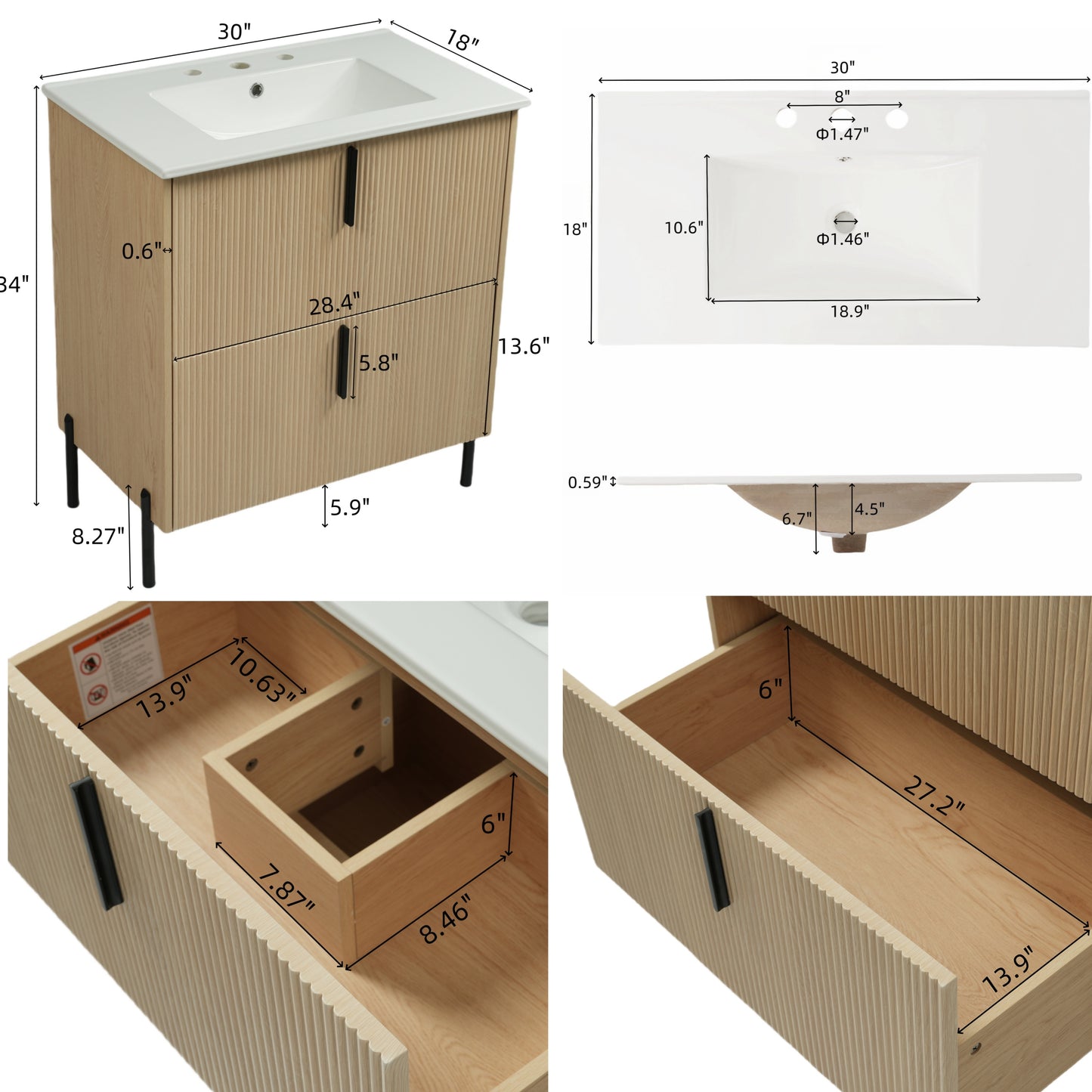 30" Bathroom Vanity with Ceramic Sink & Full-Extension Drawers - Natural