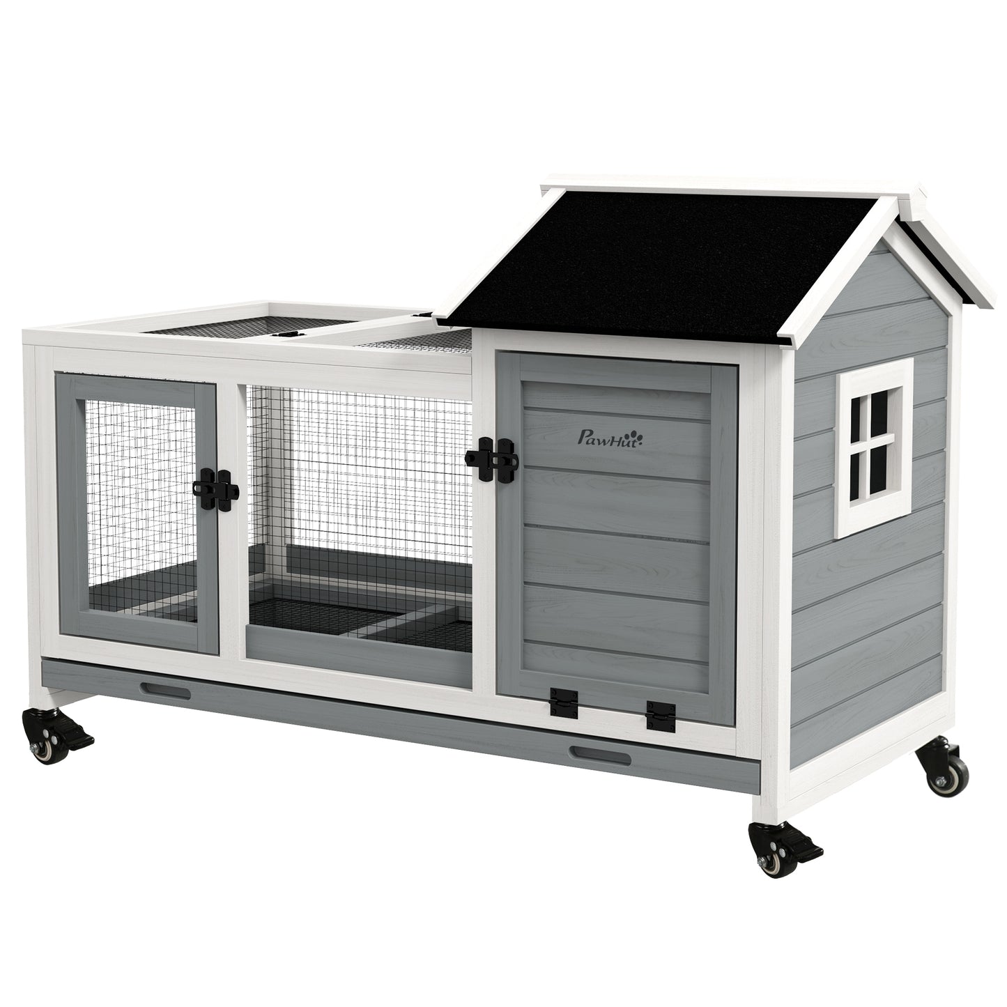 Wooden Rabbit Hutch with Wheels & Run, Slide-Out Tray for Small Animals, Blue
