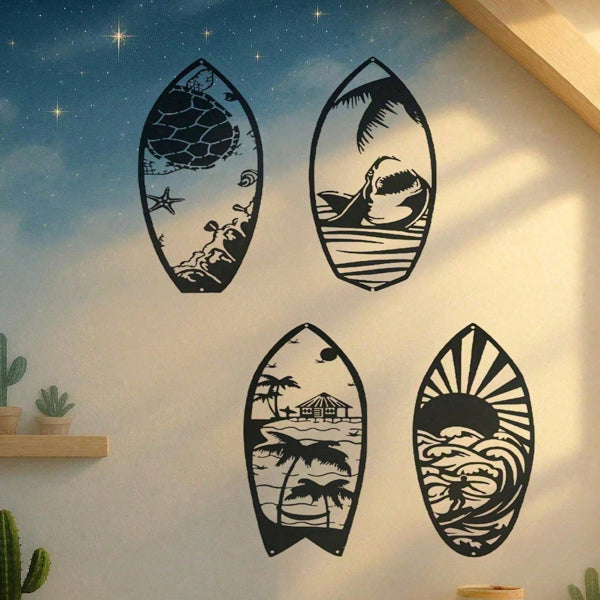 4-Piece Metal Surfboard Wall Art Set - Coastal Decor