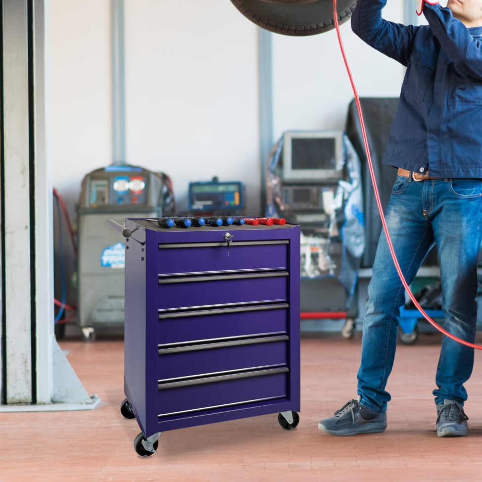 Rolling Metal Tool Chest with 5 Drawers - Purple