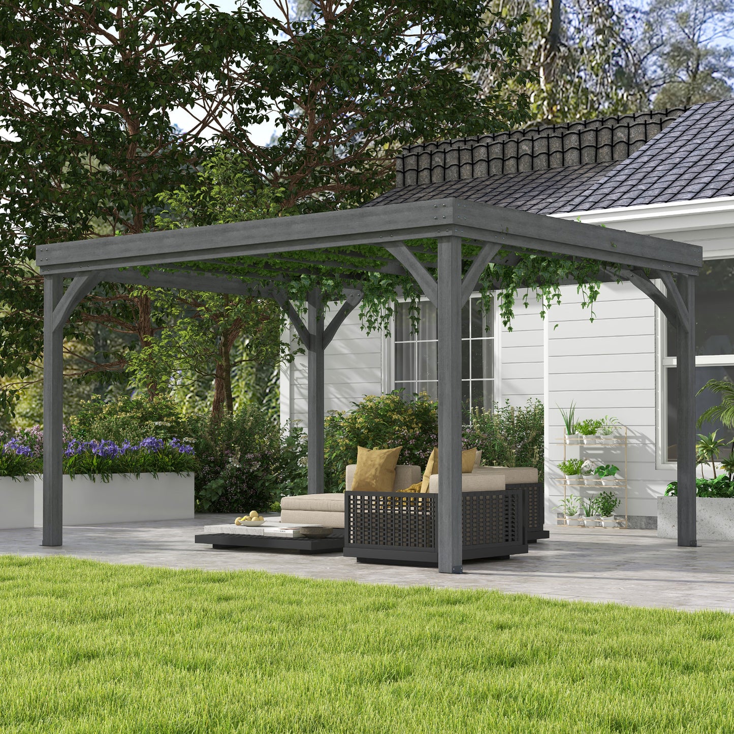 10x12 Gray Outdoor Wooden Pergola with Concrete Anchors