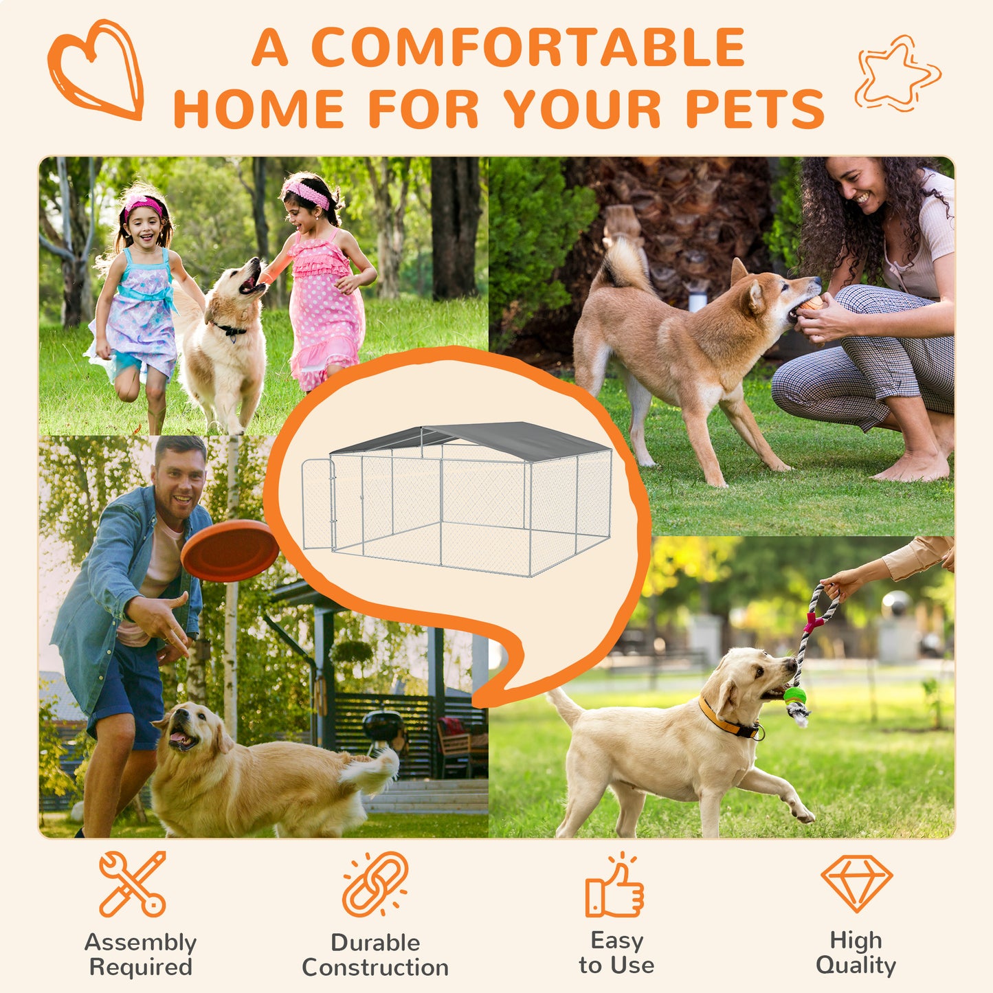Outdoor Dog Kennel with Canopy - Large Metal Pet Run 13x13 ft, Weatherproof & Secure