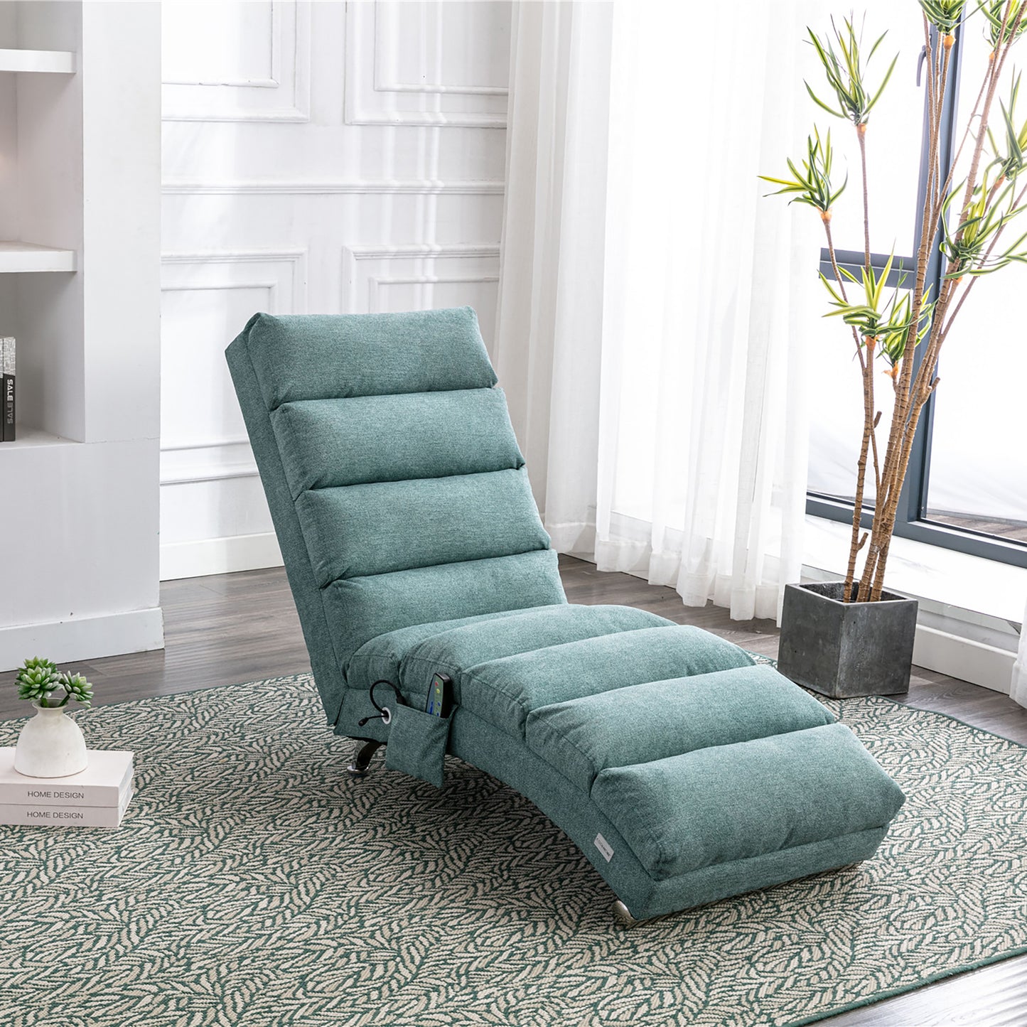 Luxury Teal Upholstered Chaise Lounge Chair with Vibration