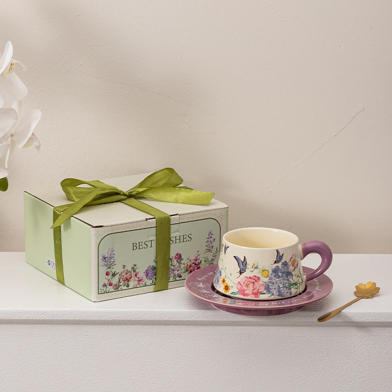 Ceramic Butterfly Coffee Cup and Saucer Gift Set - Vintage Kitchen Drinkware