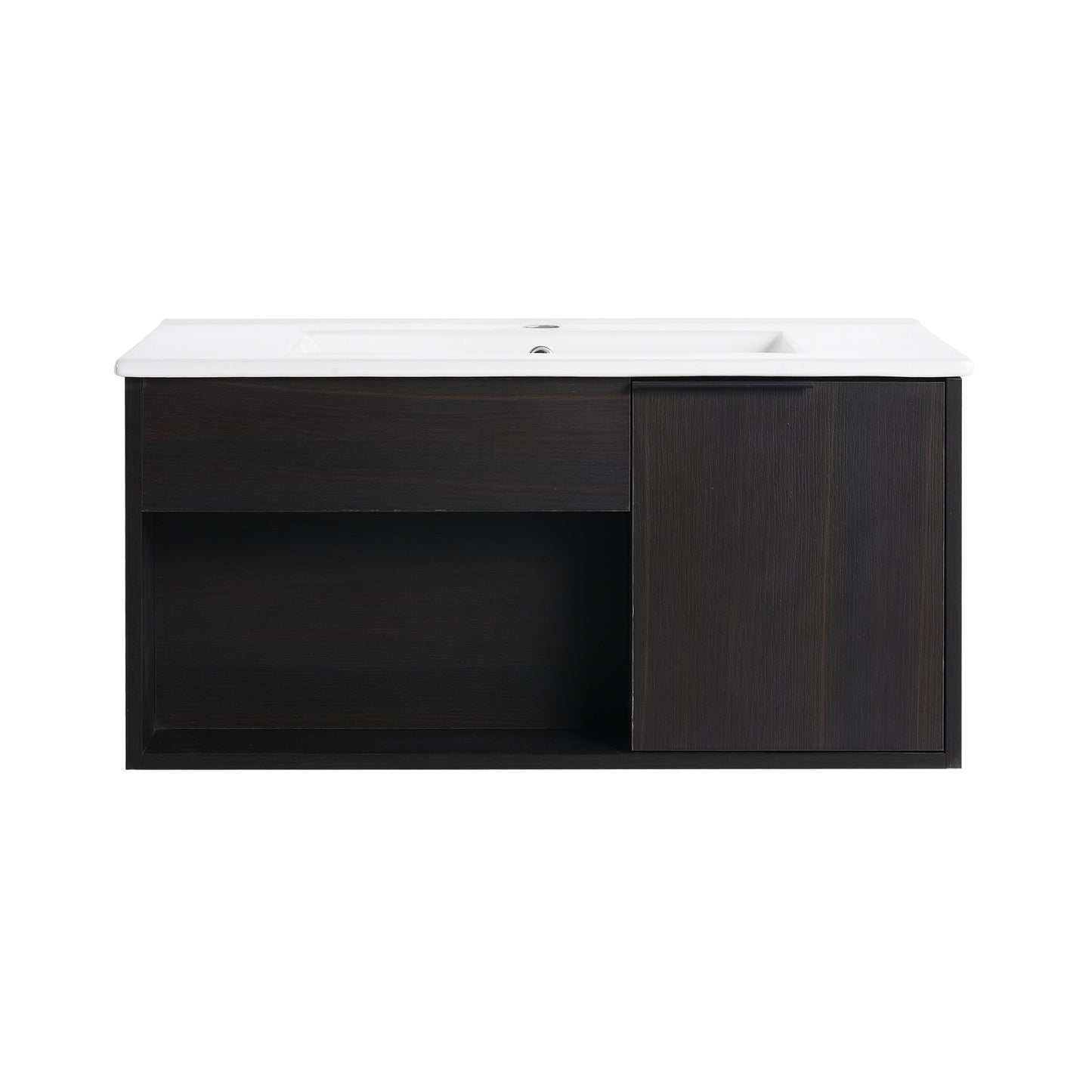 30-Inch Wall-Mounted Bathroom Vanity with Ceramic Sink - Dark Oak