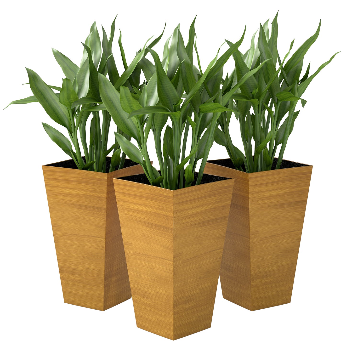 Set of 3 Tall Outdoor Planters 28 Inches with Drainage Holes Faux Wood Look