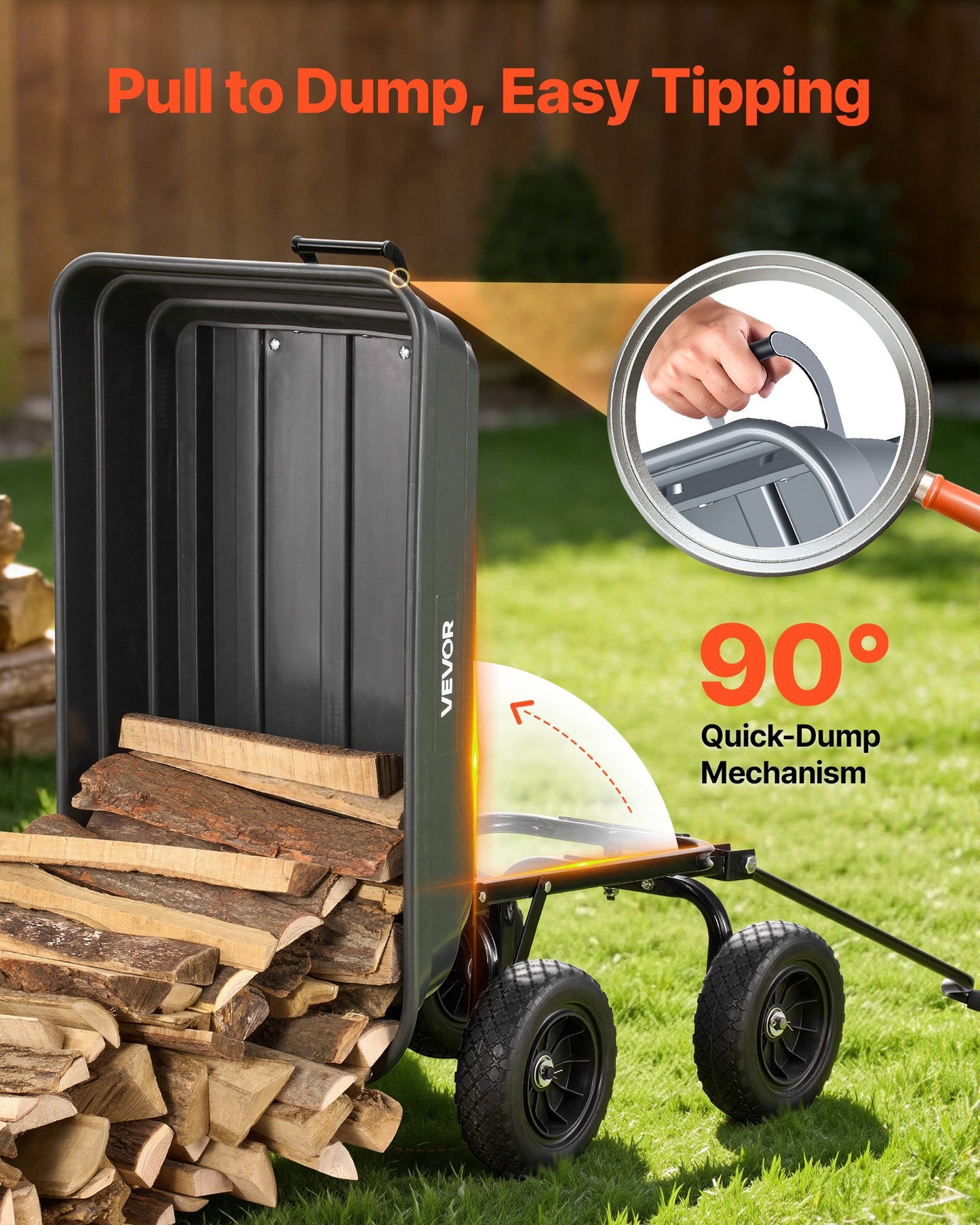 Garden Dump Cart 600 Lb Poly Yard Wagon with 90° Quick-Dump & Swivel Wheels - Black