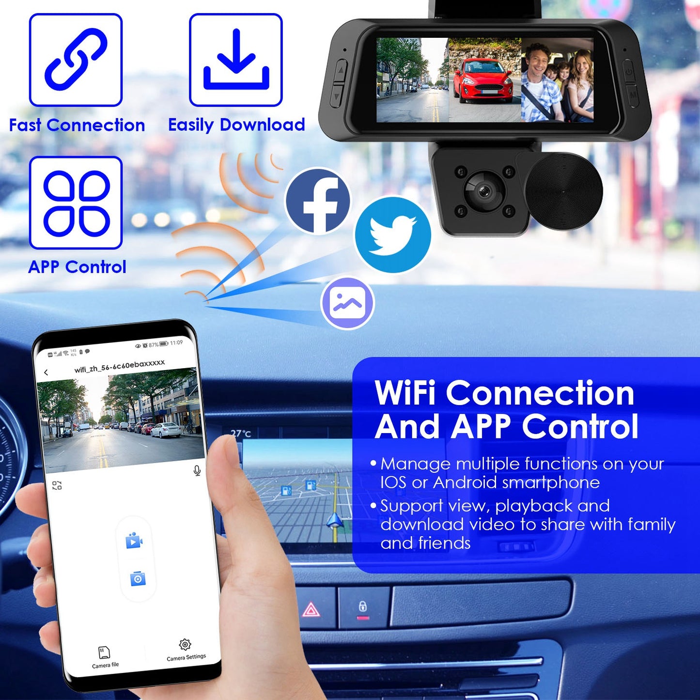 1080P FHD 3-Channel WiFi Dash Cam with Night Vision & Motion Detection