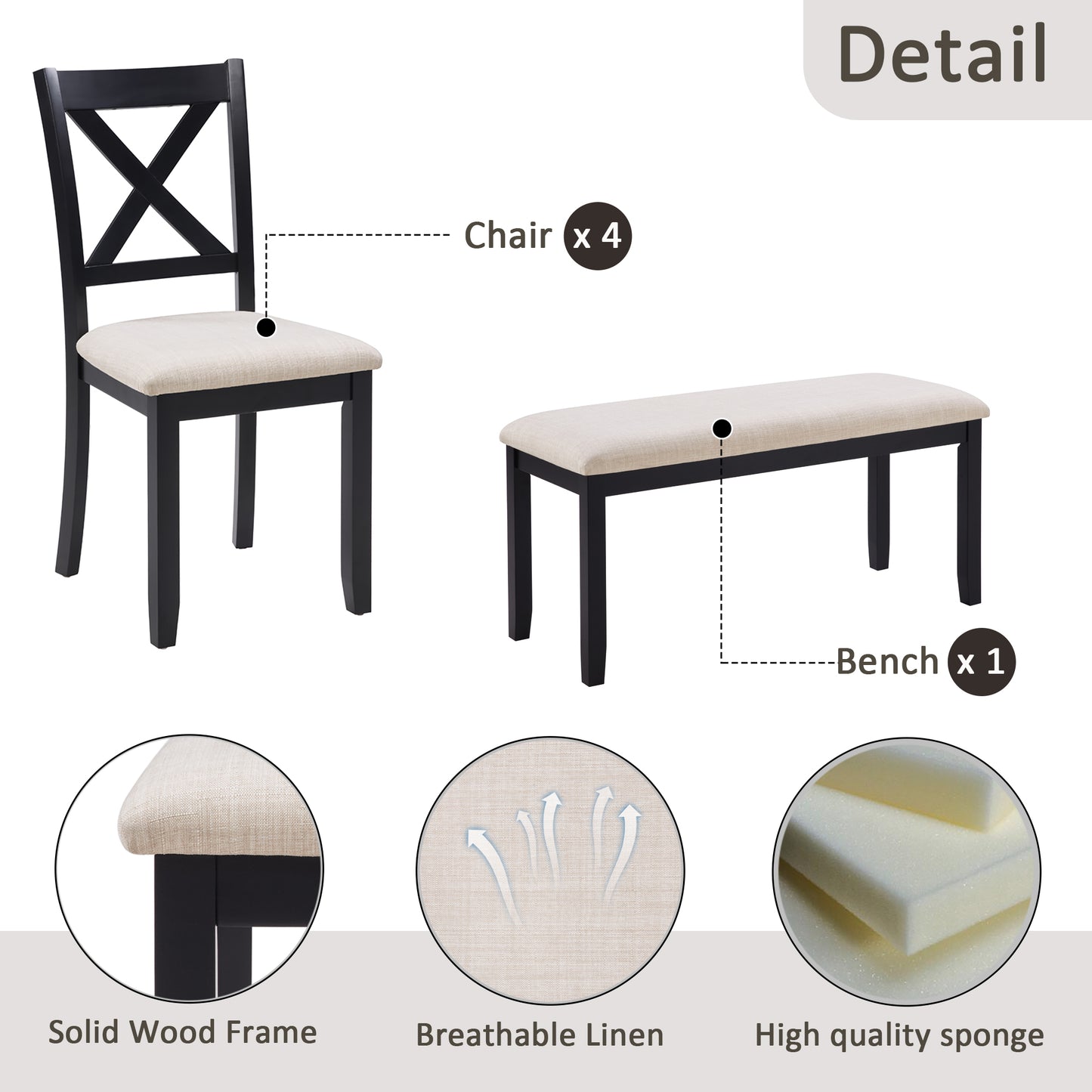 6-Piece Dining Table Set with Bench - Classic Black & Oak