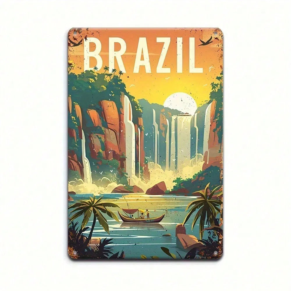 Vintage Iguazu Falls Metal Sign - Retro Brazilian Wall Art