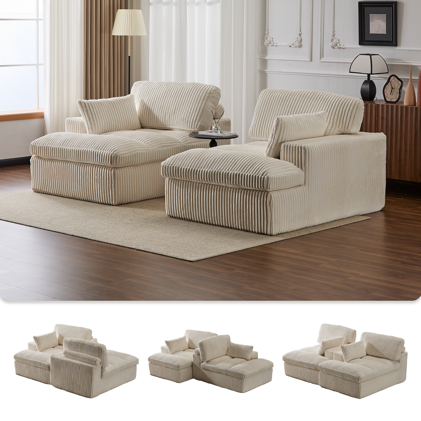 Oversized Double Chaise Lounge Chair - White Corduroy Sleeper