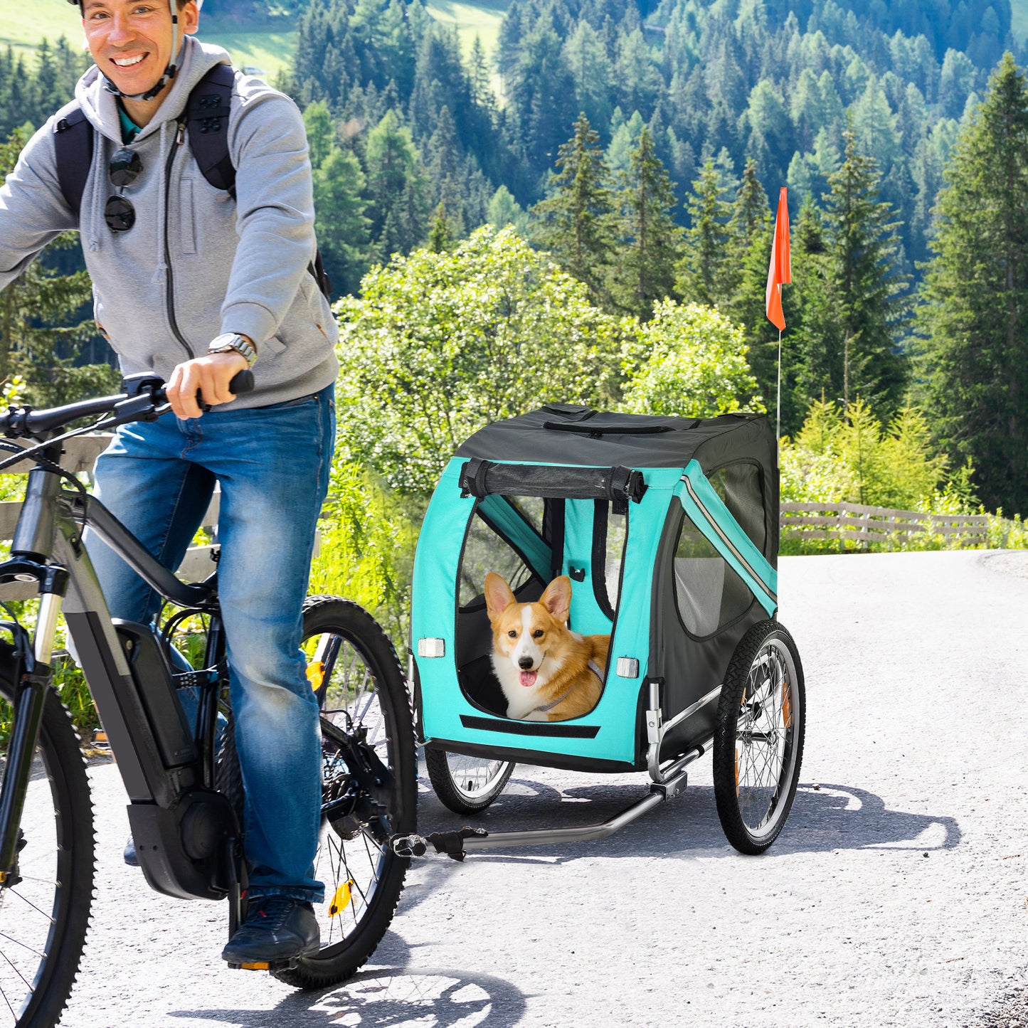 Dog Bike Trailer with Large Off-Road Wheels and 3 Entrances – Green