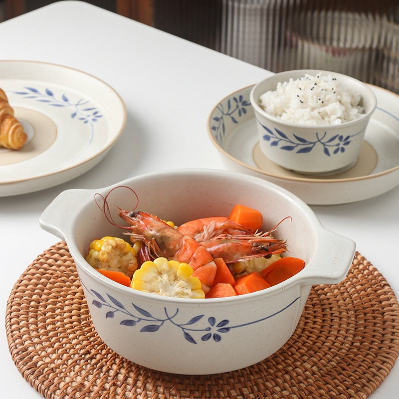 Retro Simple Rice Bowl Set - Household Kitchen Dinnerware with Flower Pattern