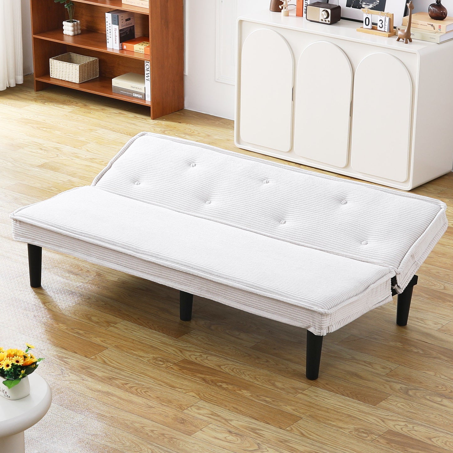 66-Inch Beige Corduroy Sofa Bed - Versatile for Living Room & Bedroom