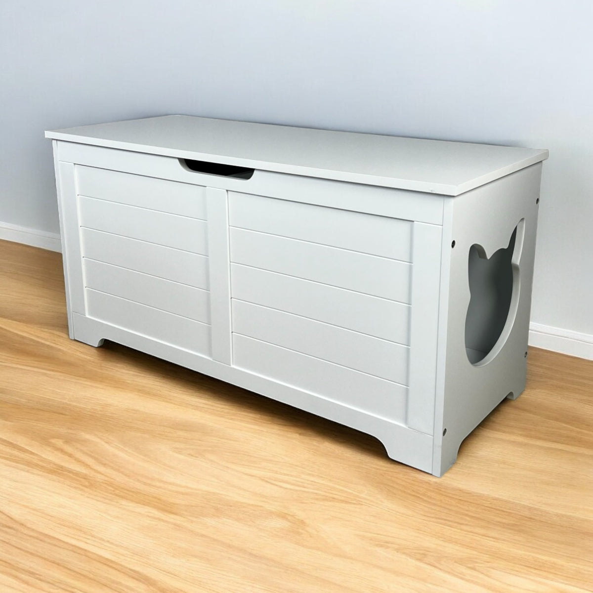 Large Open Cat Litter Box Fence Furniture - Modern White Cat House & Storage