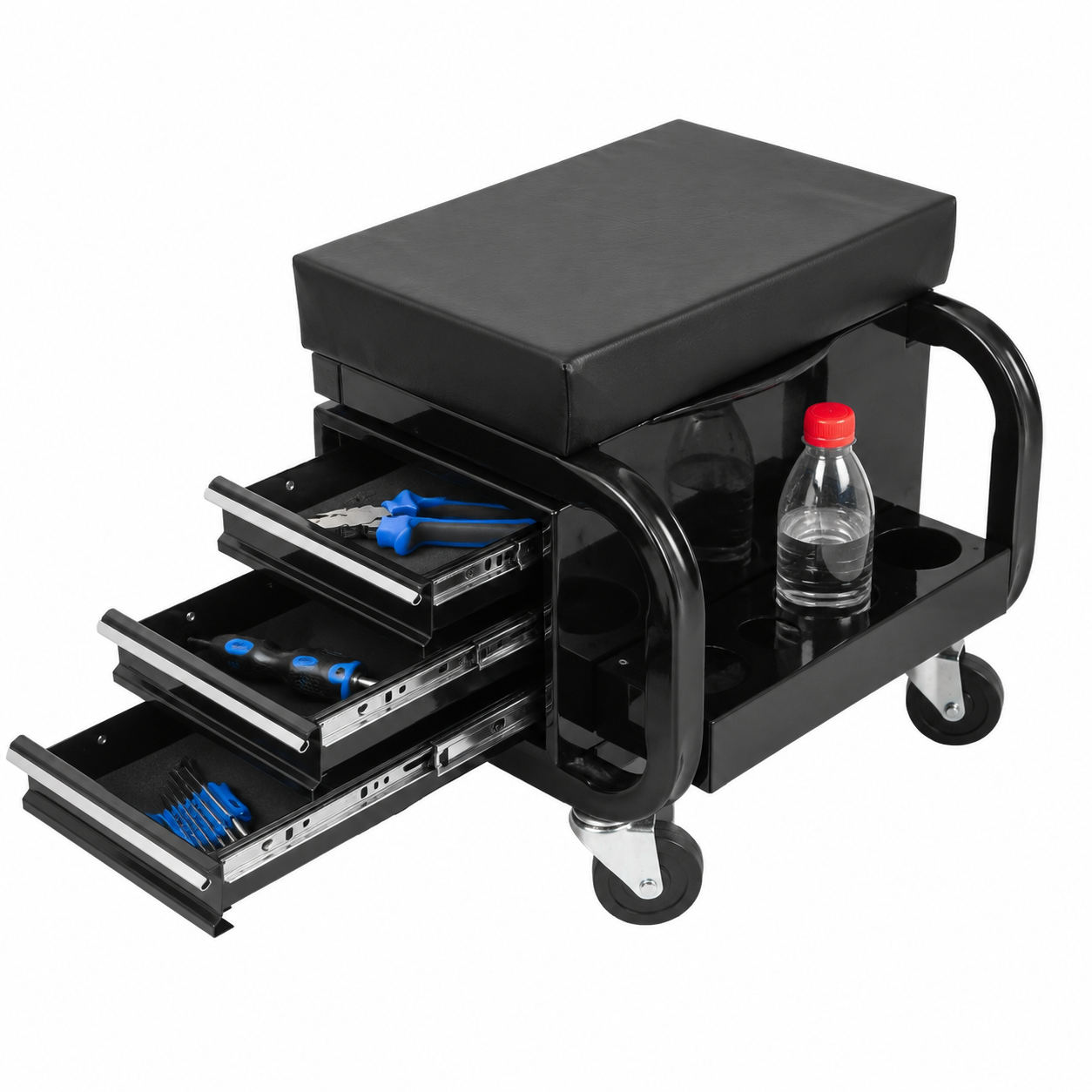 Heavy Duty Rolling Garage Stool with 3 Drawers and Padded Vinyl Seat - Tool Storage Cart, Supports 350 lbs, Black