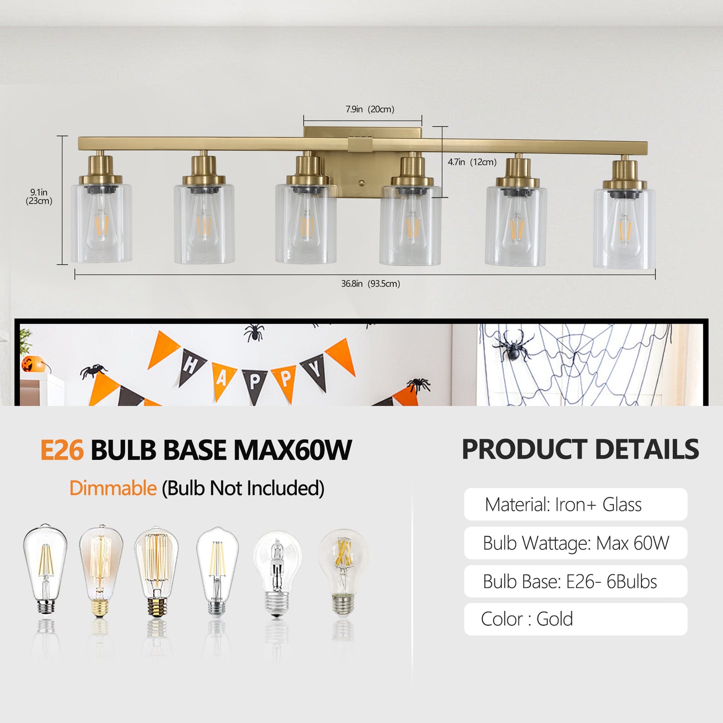 Golden 6-Light Vanity Light Fixture with Clear Glass Shades