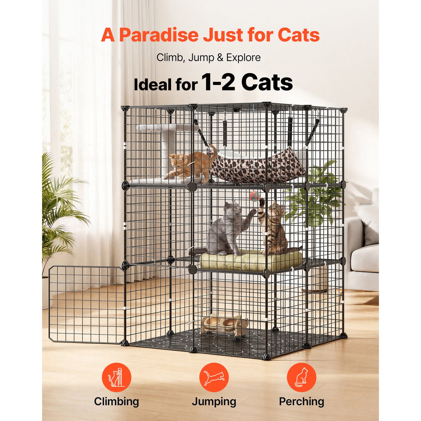 Large 3-Tier Indoor Cat Playpen with Hammock - Detachable Metal Wire Enclosure, Black