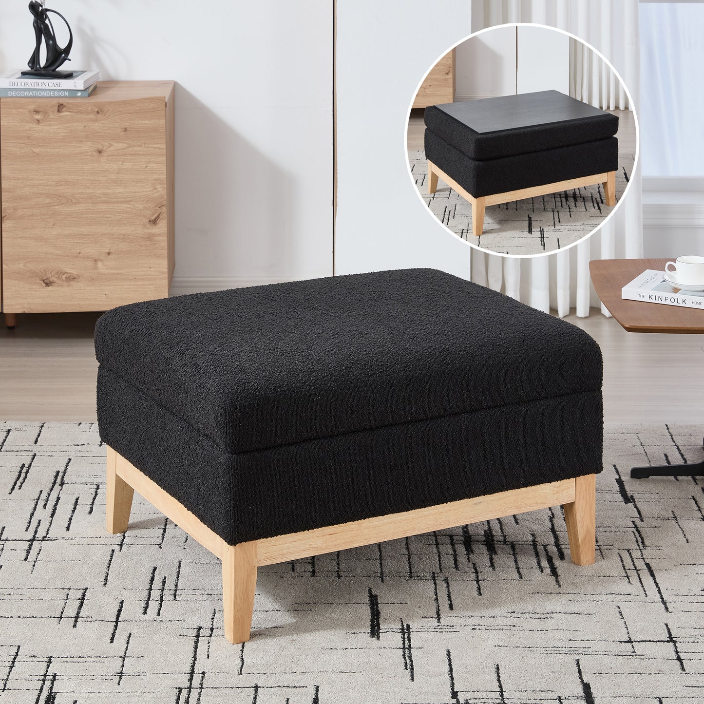Storage Ottoman with Reversible Lid - Black Boucle Footstool