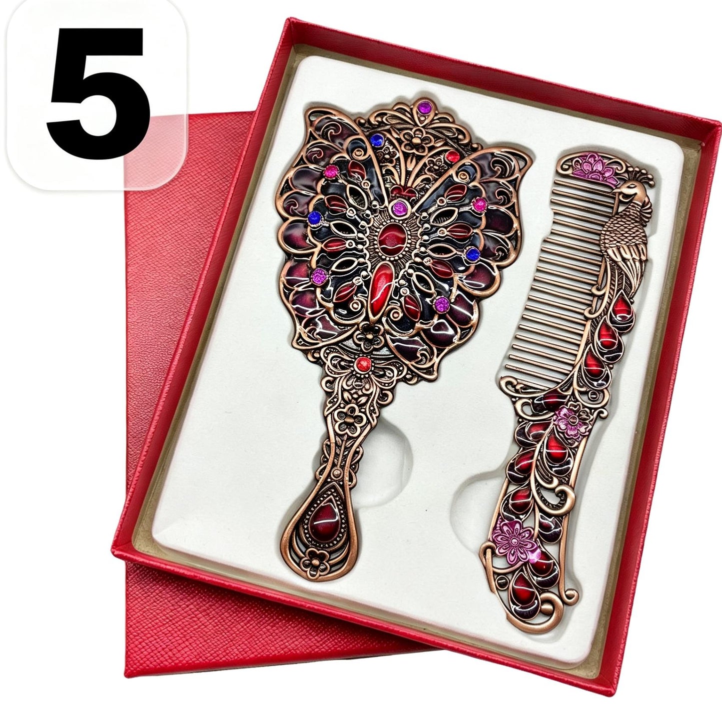 Vintage Peacock Mirror & Comb Set - Antique Metal Handheld Vanity Accessory with Gift Box
