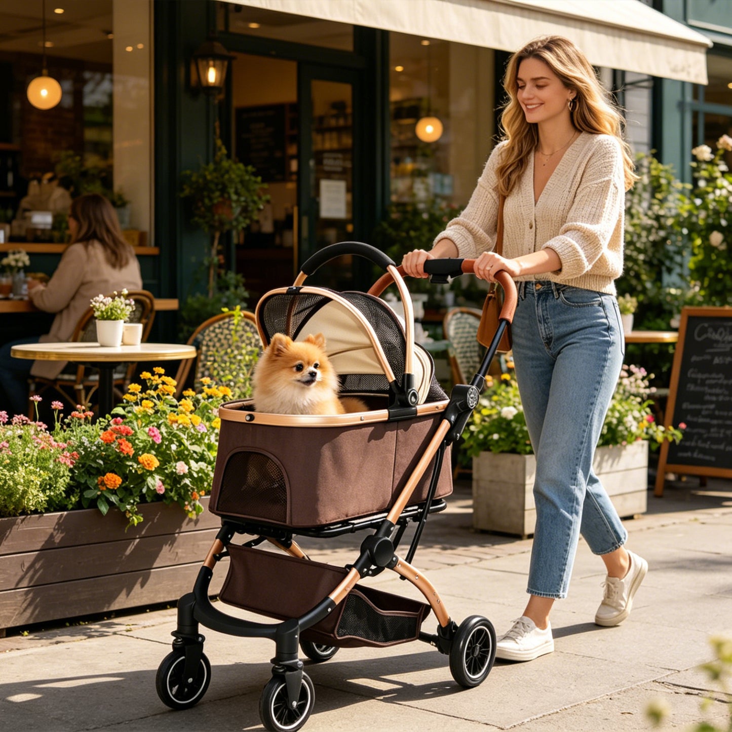 Pet Stroller for Dogs Cats 2-in-1 Foldable Sun Canopy Travel Carrier Khaki