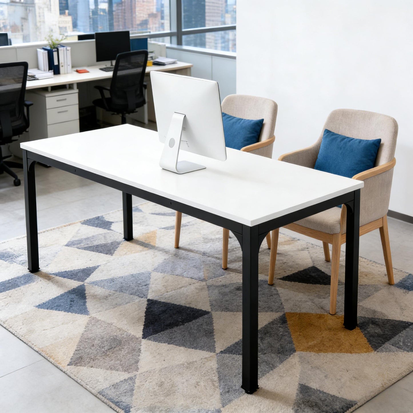 Modern Rectangle Computer Desk - Dual Workspace, Black & White